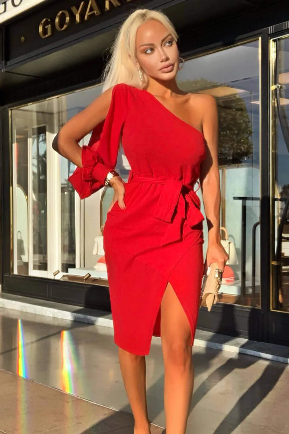 Red Split Sleeve One Shoulder Bodycon Midi Dress sold by AX Paris product image thumbnail 2