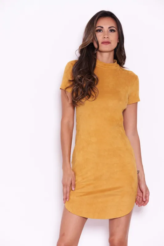 Mustard Faux Suede Mini Dress with High Neck sold by AX Paris
