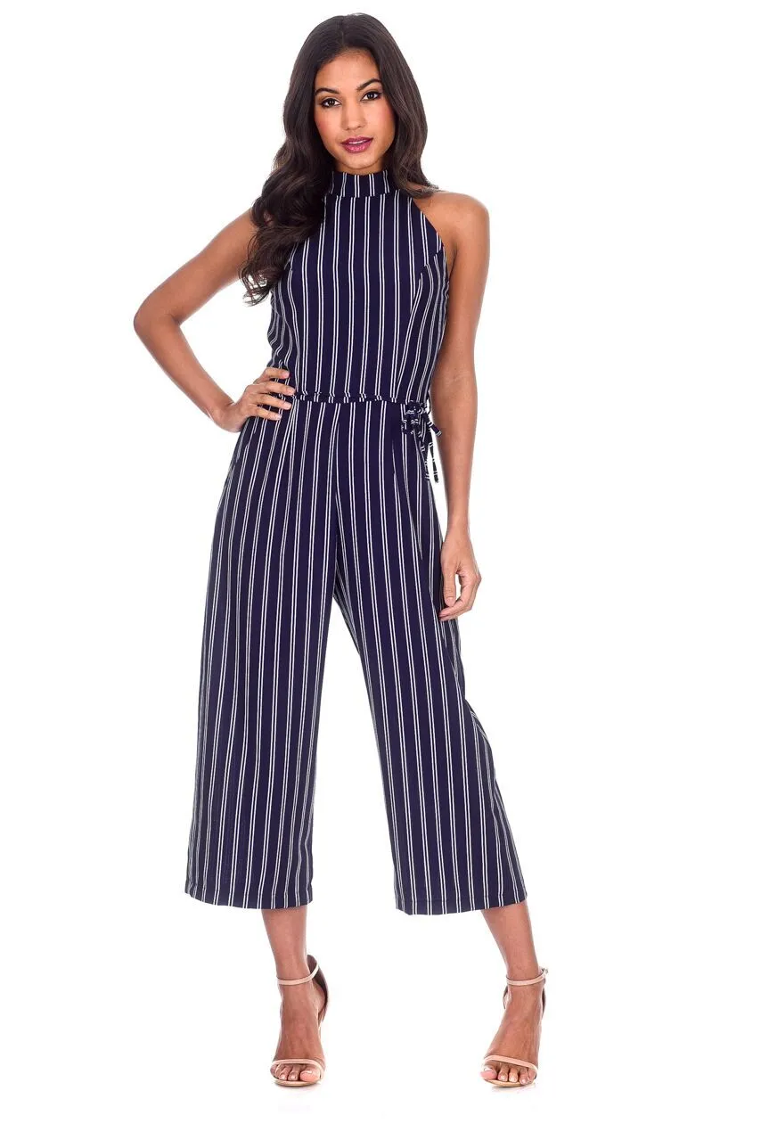 Navy Striped Culotte Jumpsuit sold by AX Paris