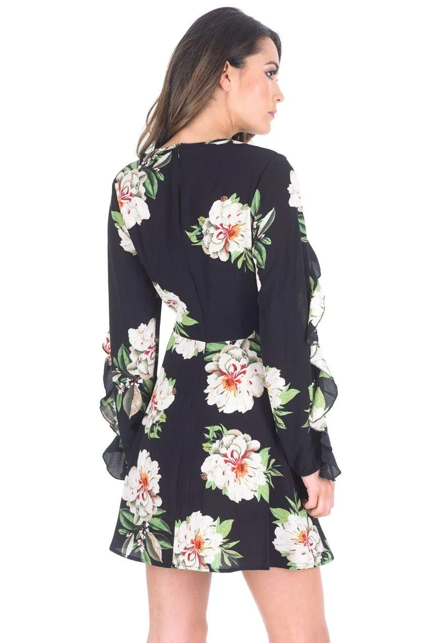 Black Floral Mini dress with Frill Trim sold by AX Paris product image thumbnail 3