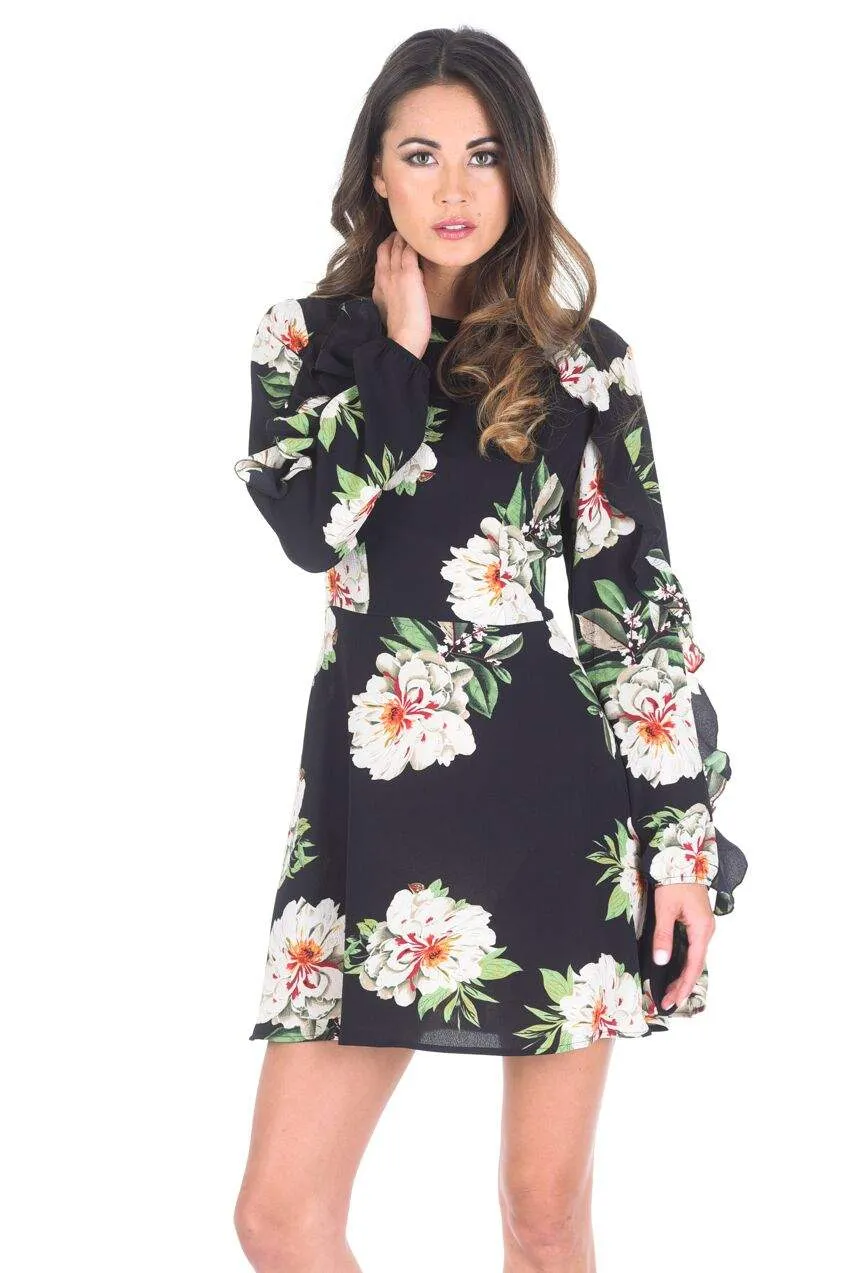 Black Floral Mini dress with Frill Trim sold by AX Paris