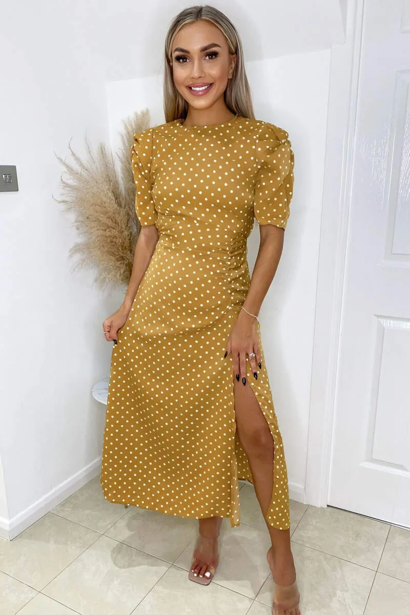 Mustard Polka Dot Ruched Short Sleeve Midi Dress sold by AX Paris