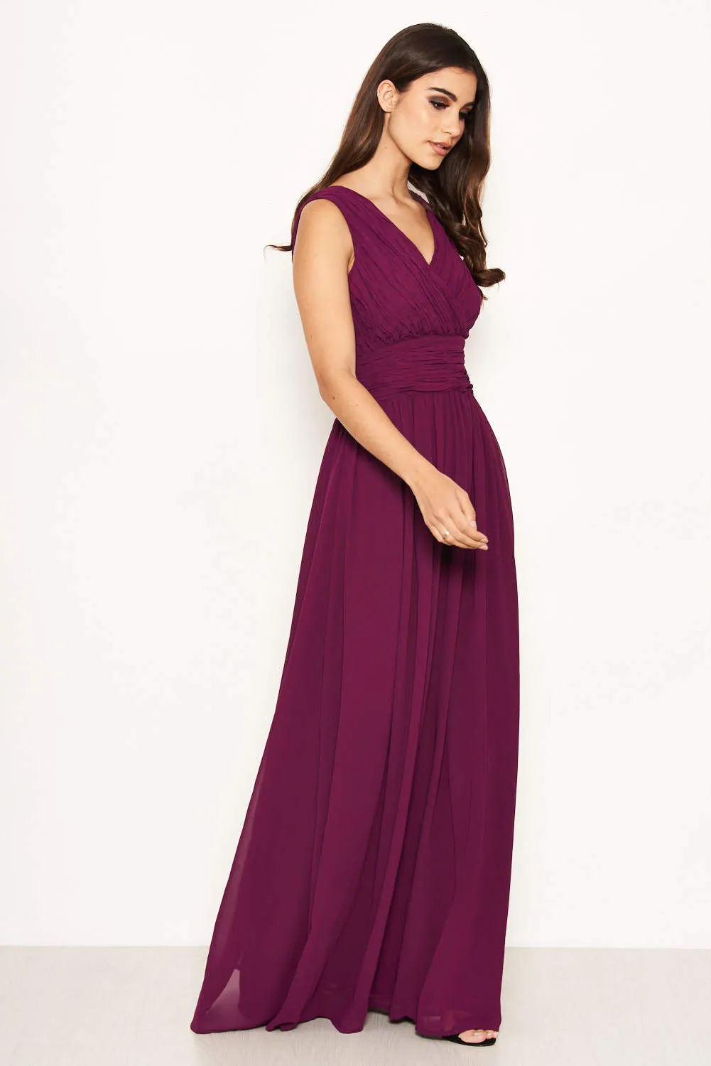 Plum Pleated V Neck Maxi Dress sold by AX Paris