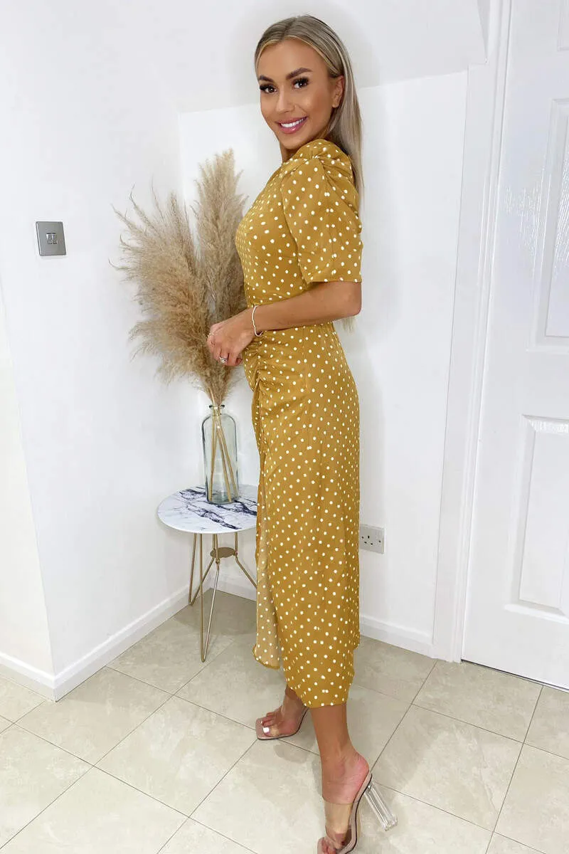 Mustard Polka Dot Ruched Short Sleeve Midi Dress sold by AX Paris product image thumbnail 3