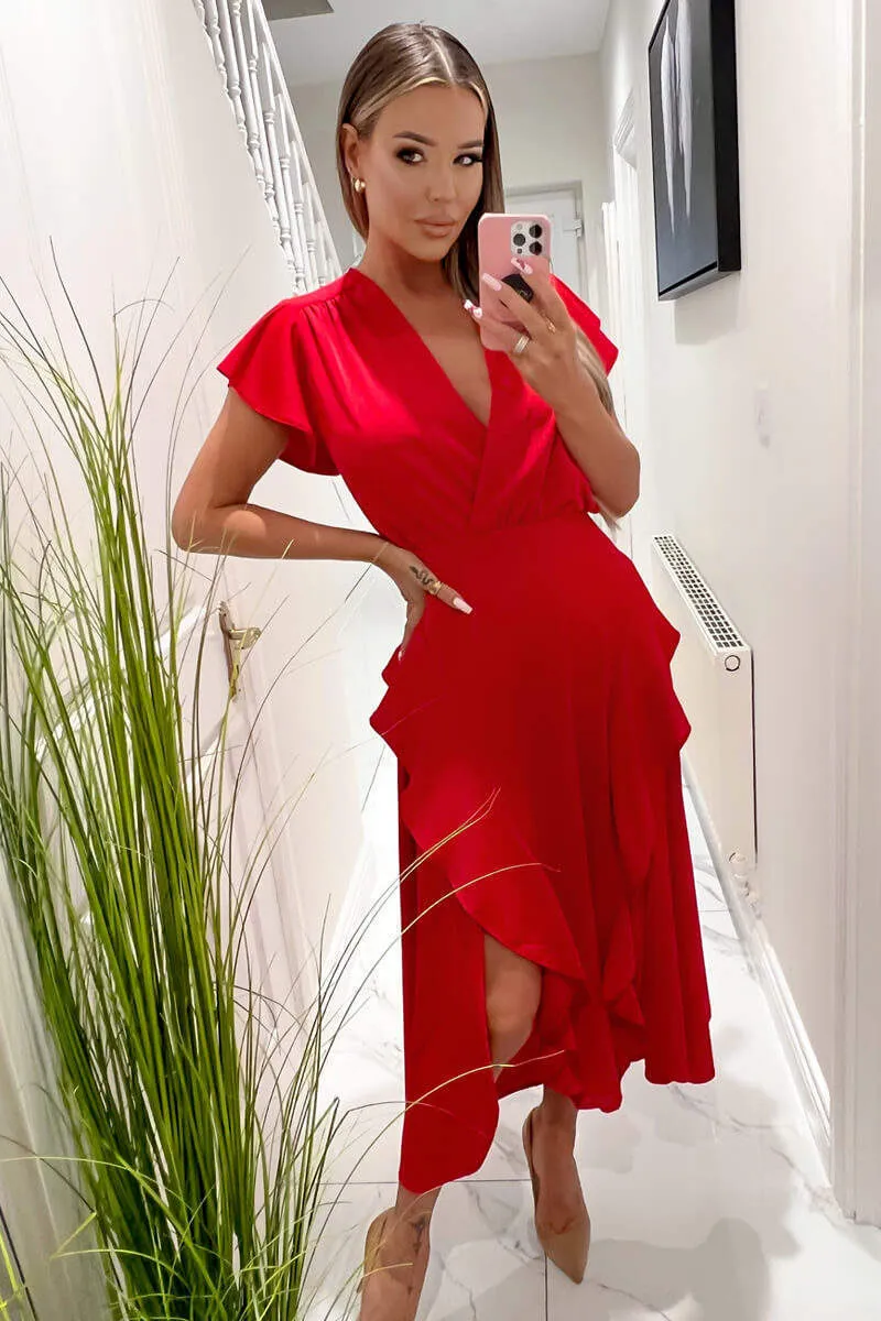 Red Frill Detail Double Split Skirt Midi Dress sold by AX Paris