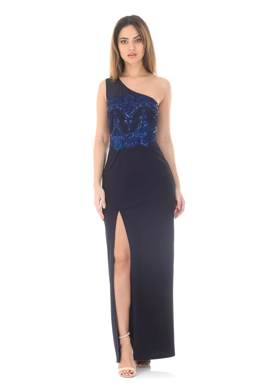 Navy Sequin Maxi Dress With Thigh High Split sold by AX Paris