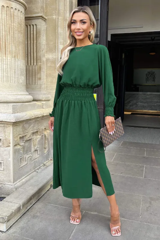 Teal Long Sleeve Shirred Detail Midi Dress sold by AX Paris
