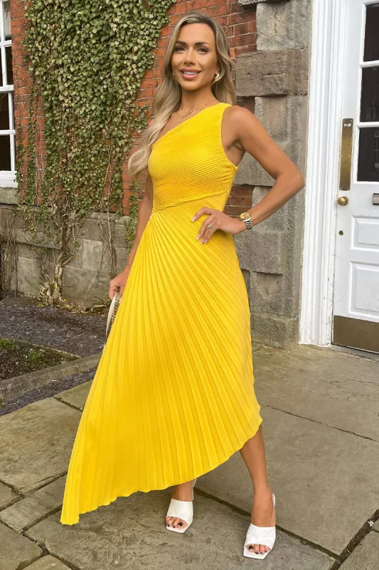 Yellow One Shoulder Cut Out Pleated Midi Dress sold by AX Paris