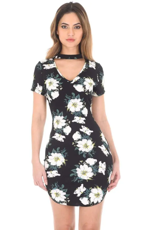 Black Floral Choker Mini Bodycon Dress sold by AX Paris