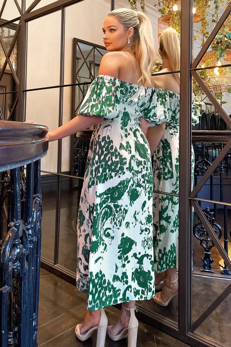 Cream and Green Printed Elasticated Waist Bardot Midi Dress sold by AX Paris product image thumbnail 4