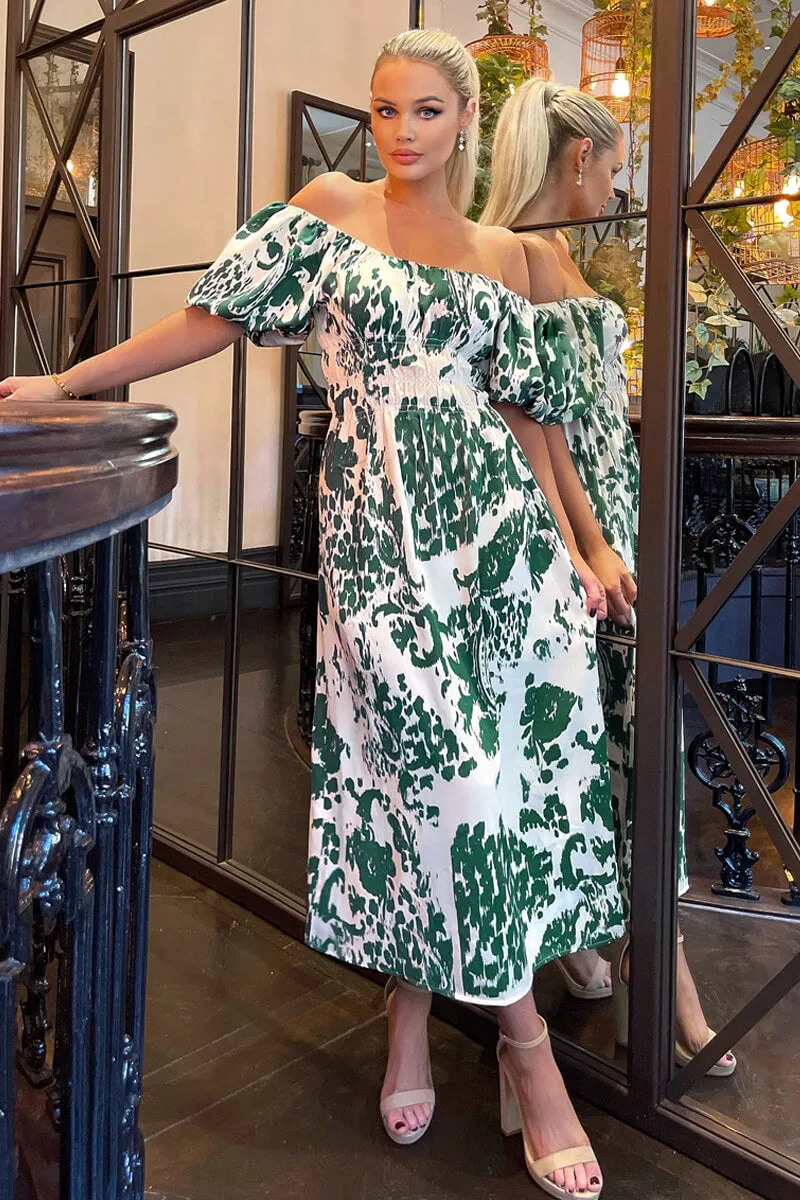 Cream and Green Printed Elasticated Waist Bardot Midi Dress sold by AX Paris product image thumbnail 2