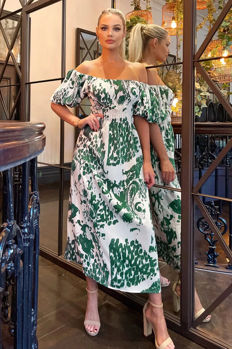 Cream and Green Printed Elasticated Waist Bardot Midi Dress sold by AX Paris product image thumbnail 3
