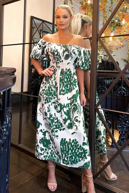 Cream and Green Printed Elasticated Waist Bardot Midi Dress sold by AX Paris