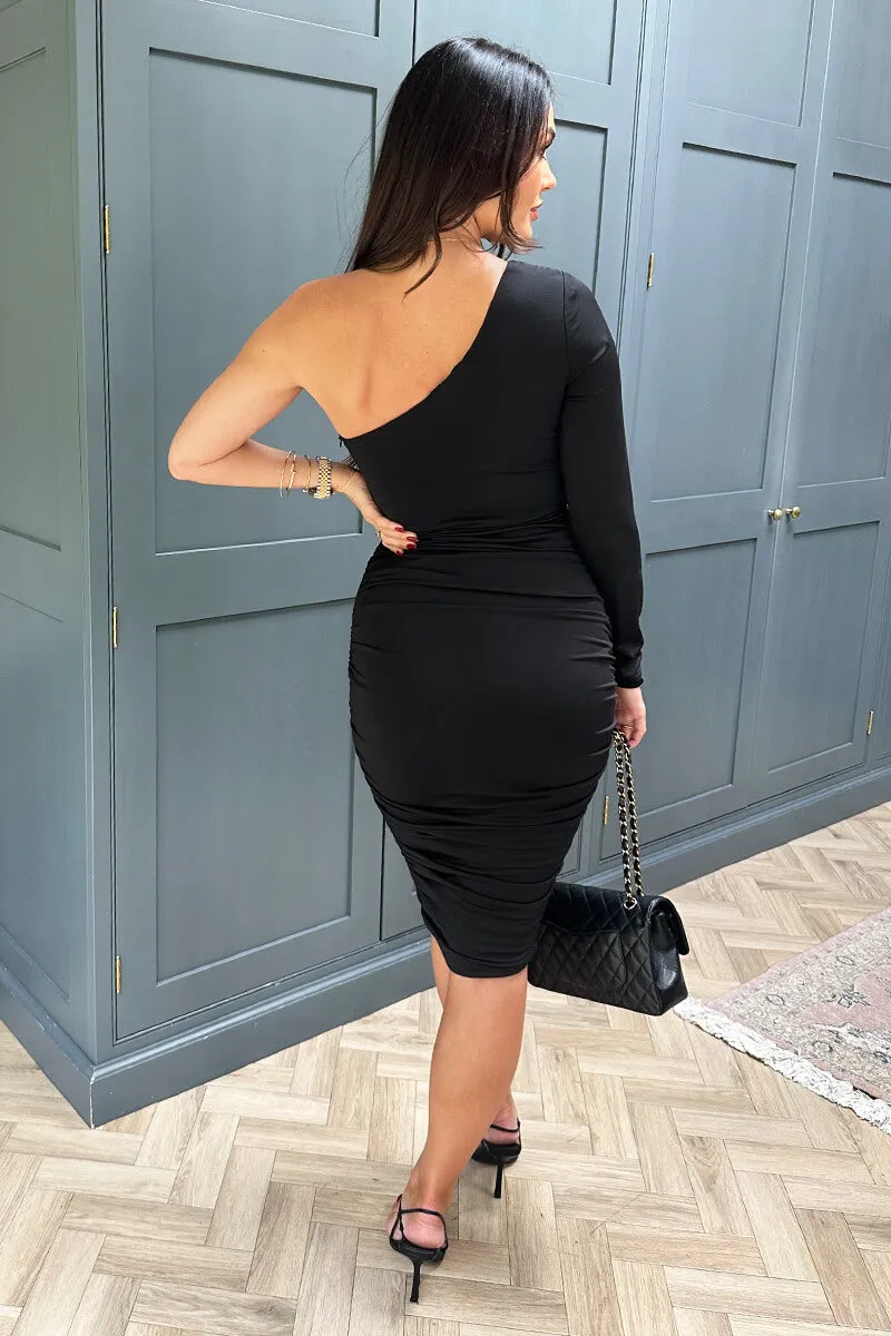 Black One Sleeve Ruched Bodycon Midi Dress sold by AX Paris product image thumbnail 4