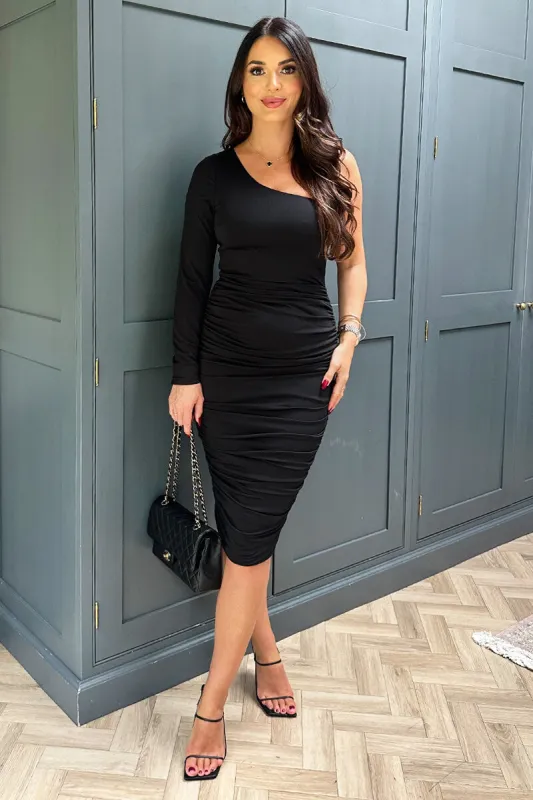 Black One Sleeve Ruched Bodycon Midi Dress sold by AX Paris