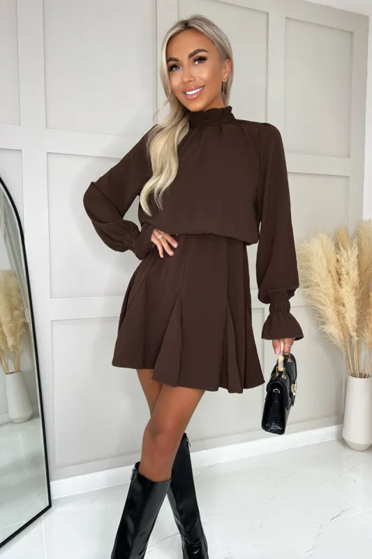 Chocolate High Neck Shirred Detail Skater Dress made by AX Paris