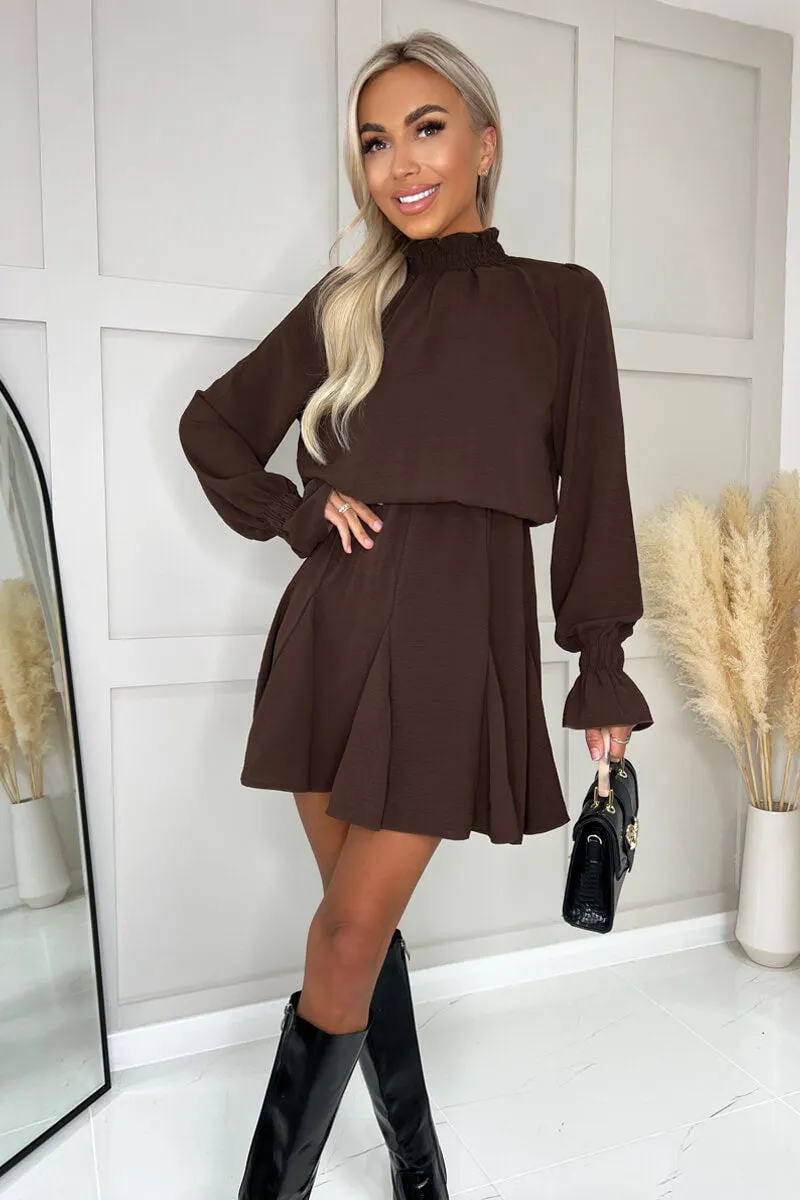 Chocolate High Neck Shirred Detail Skater Dress sold by AX Paris