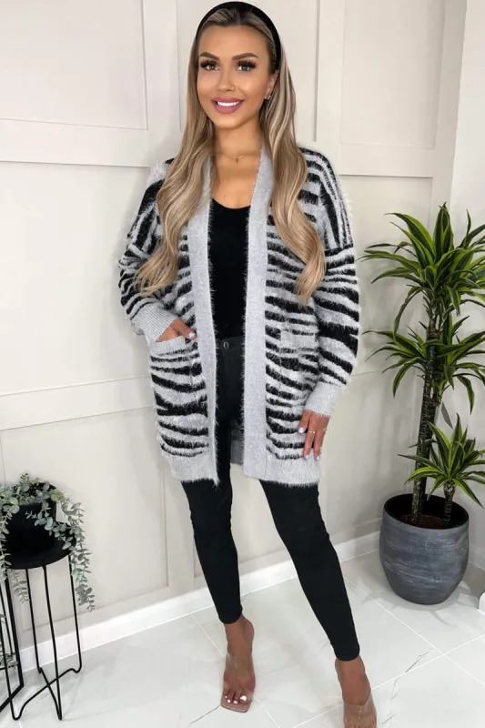 Grey And Black Fluffy Knit Long Sleeve Animal Print Cardigan sold by AX Paris