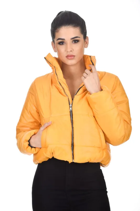 Mustard Wet Look Puffer Jacket sold by AX Paris