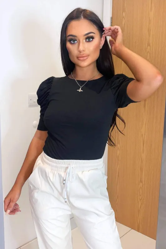 Black Ruched Sleeve Bodysuit sold by AX Paris