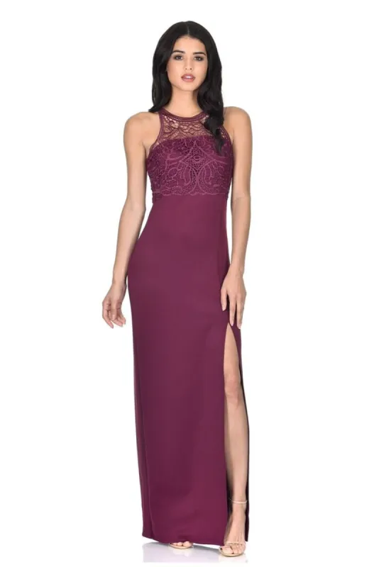 Plum High Neck Maxi Dress With Crochet Neck sold by AX Paris