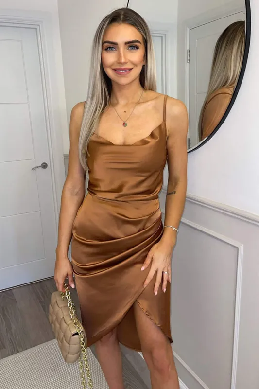 Tan Pleated Wrap Cowl Neck Satin Midi Dress sold by AX Paris
