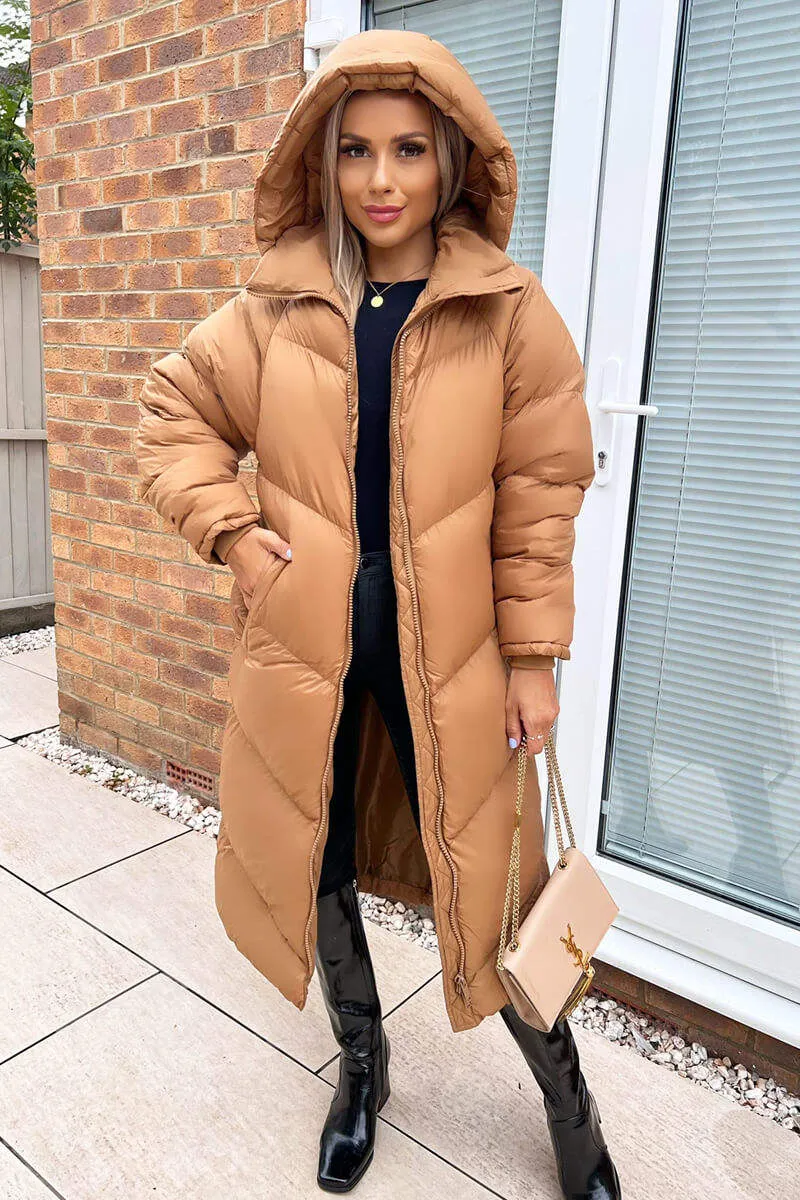 Camel Hooded Long Puffer Coat sold by AX Paris product image thumbnail 3