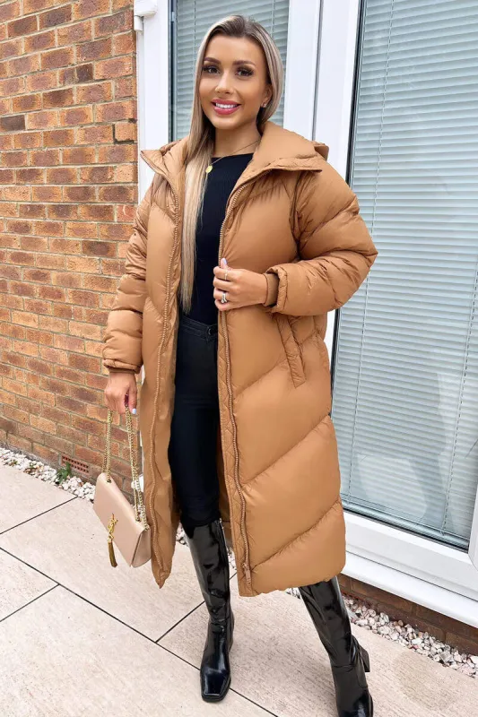 Camel Hooded Long Puffer Coat sold by AX Paris
