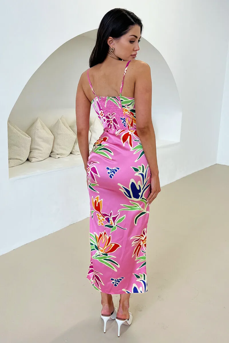 Pink Tropical Print Cowl Neck Ruched Side Strappy Midi Dress sold by AX Paris product image thumbnail 5