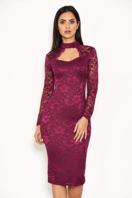 Plum Lace Midi Dress With Long Sleeves sold by AX Paris