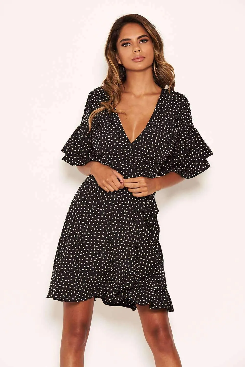 Black Spotty Wrap Frill Dress sold by AX Paris product image thumbnail 2
