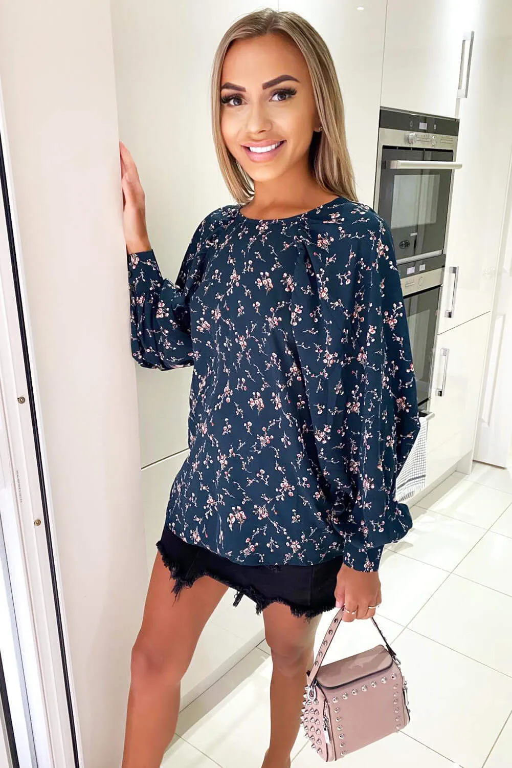 Teal Floral Balloon Sleeve Blouse sold by AX Paris product image thumbnail 2