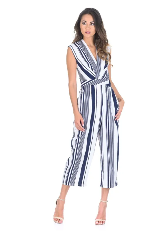 Navy Pinstripe Wrap Front Culotte Jumpsuit sold by AX Paris