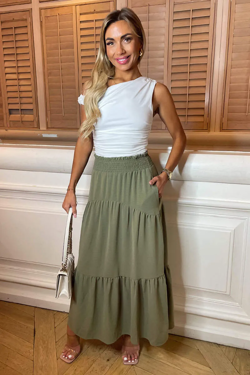 Khaki Shirred Waist Maxi Skirt sold by AX Paris