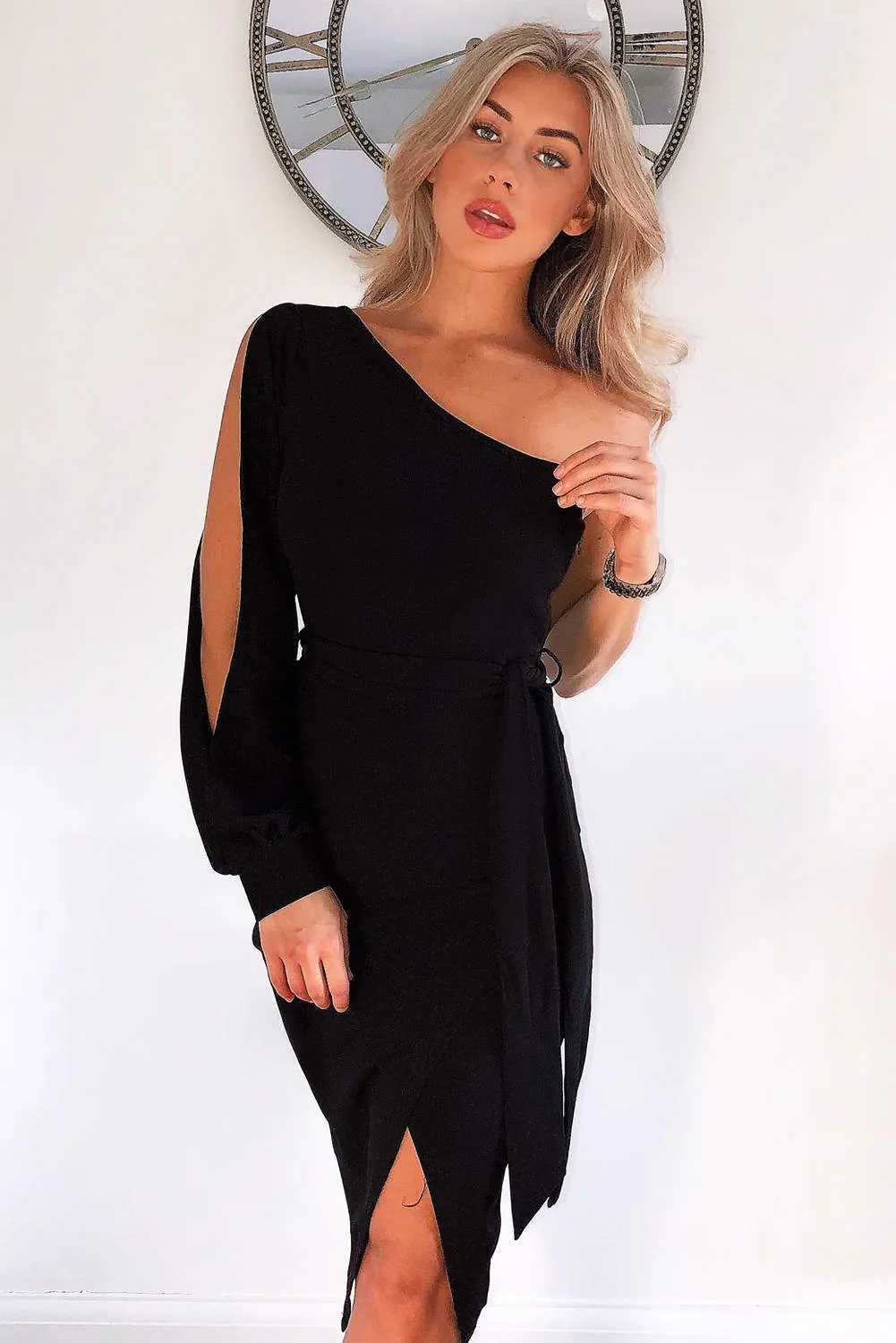Black Split Sleeve One Shoulder Bodycon Midi Dress sold by AX Paris