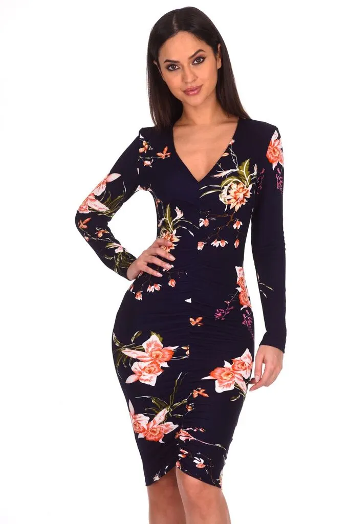 Navy Floral Sleeved Midi Dress sold by AX Paris
