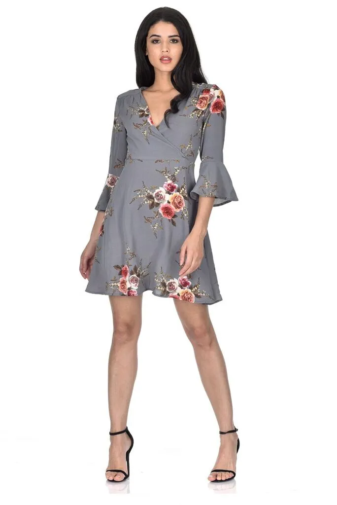 Grey Printed Wrap Over Skater Dress sold by AX Paris product image thumbnail 2