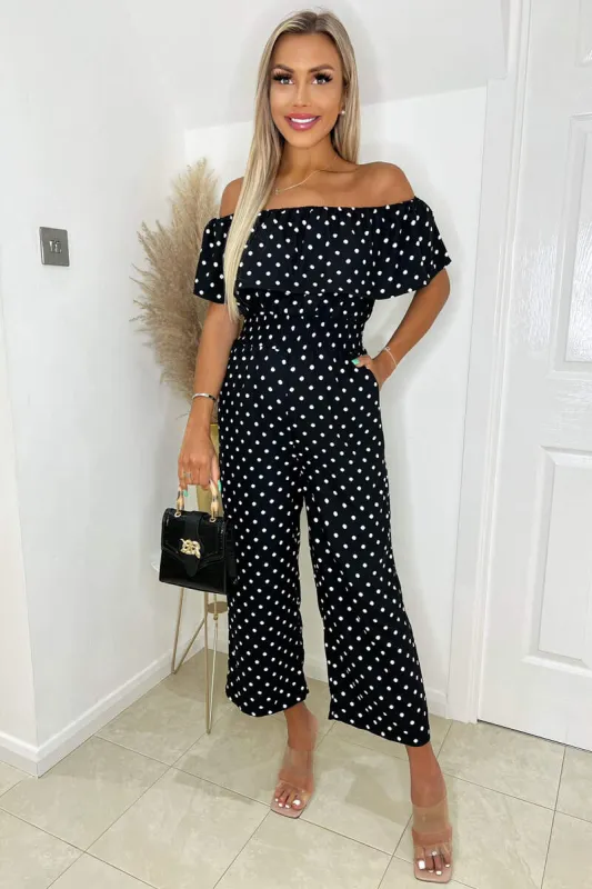 Black And White Polka Dot Bardot Jumpsuit sold by AX Paris