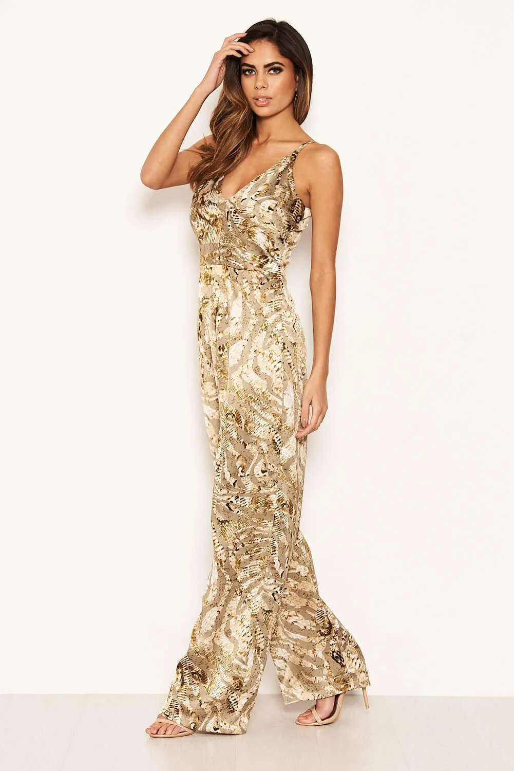 Grey Printed Satin Flared Leg Jumpsuit sold by AX Paris product image thumbnail 5