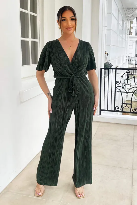 Khaki Wrap Top Plisse Jumpsuit sold by AX Paris