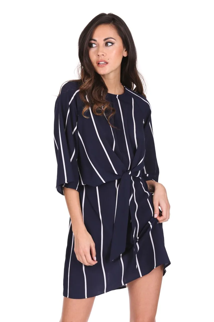 Navy Striped Tie Waist Mini Dress sold by AX Paris