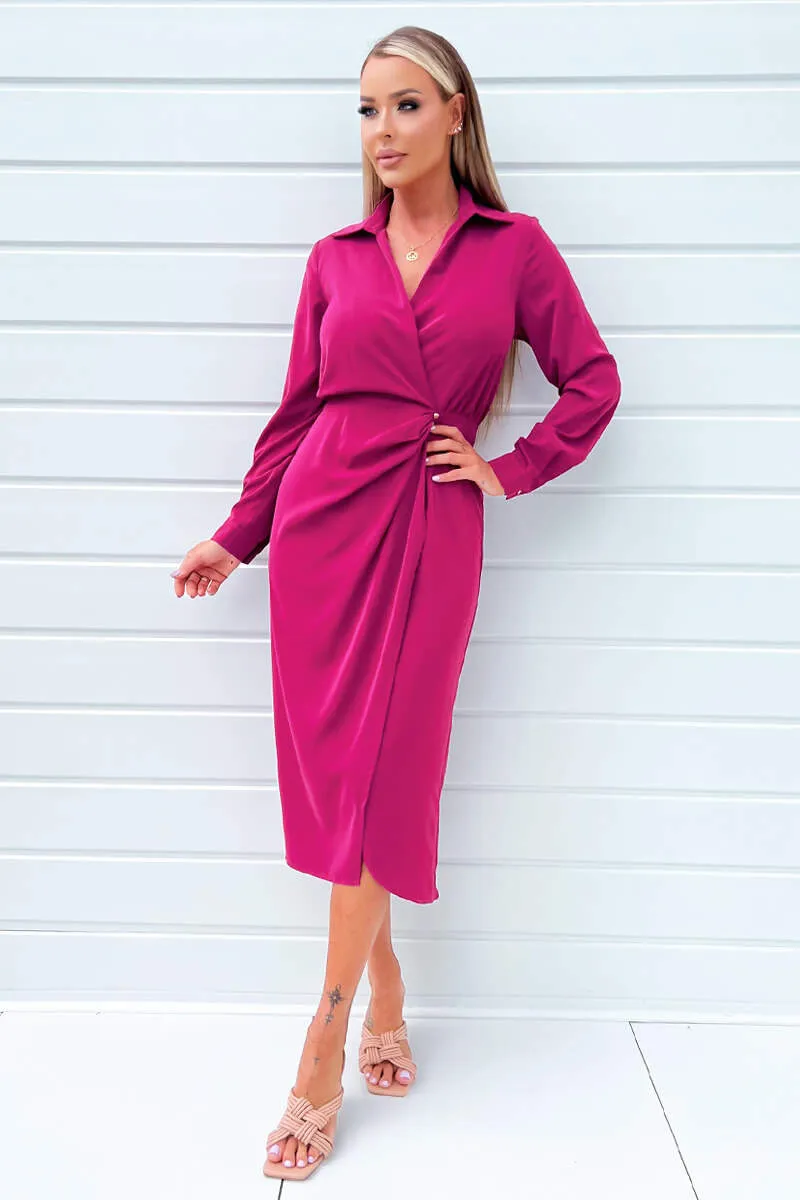 Magenta Long Sleeve Side Ruched Wrap Over Midi Dress sold by AX Paris product image thumbnail 2