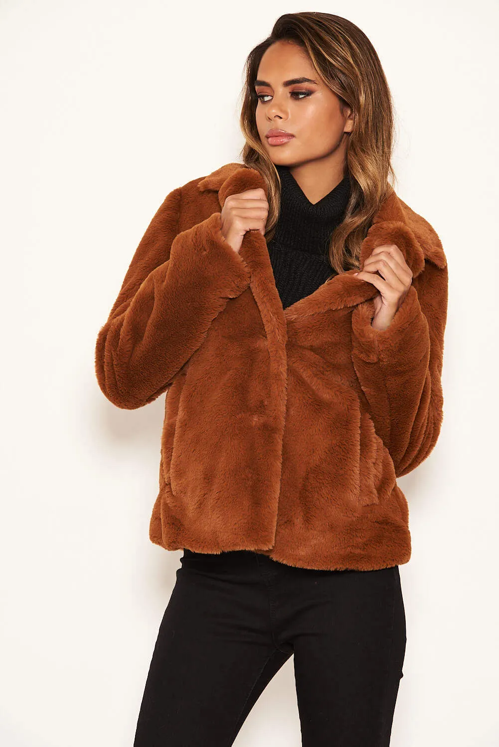 Rust Faux Fur Collared Jacket sold by AX Paris