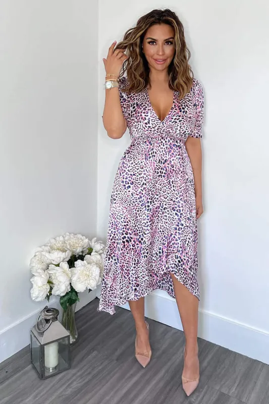 Pink Animal Print Wrap Side Tie Midi Dress sold by AX Paris