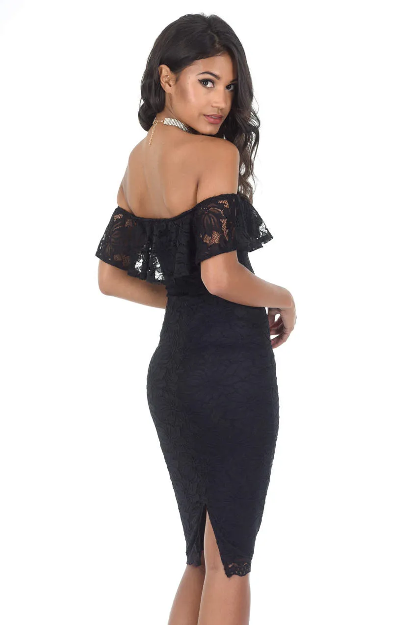 Black Ruffled Off The Shoulder Lace Midi Dress sold by AX Paris product image thumbnail 3