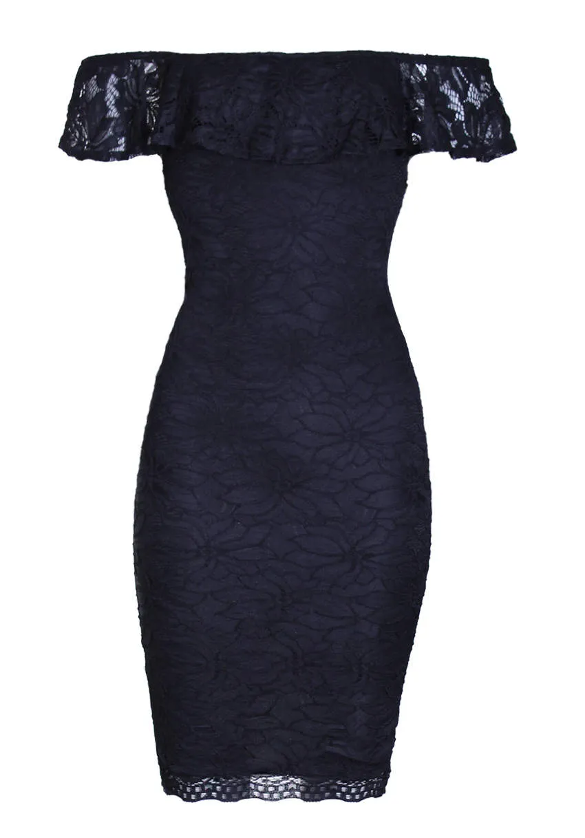Black Ruffled Off The Shoulder Lace Midi Dress sold by AX Paris product image thumbnail 4