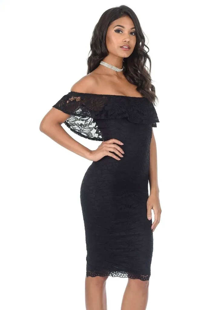Black Ruffled Off The Shoulder Lace Midi Dress sold by AX Paris