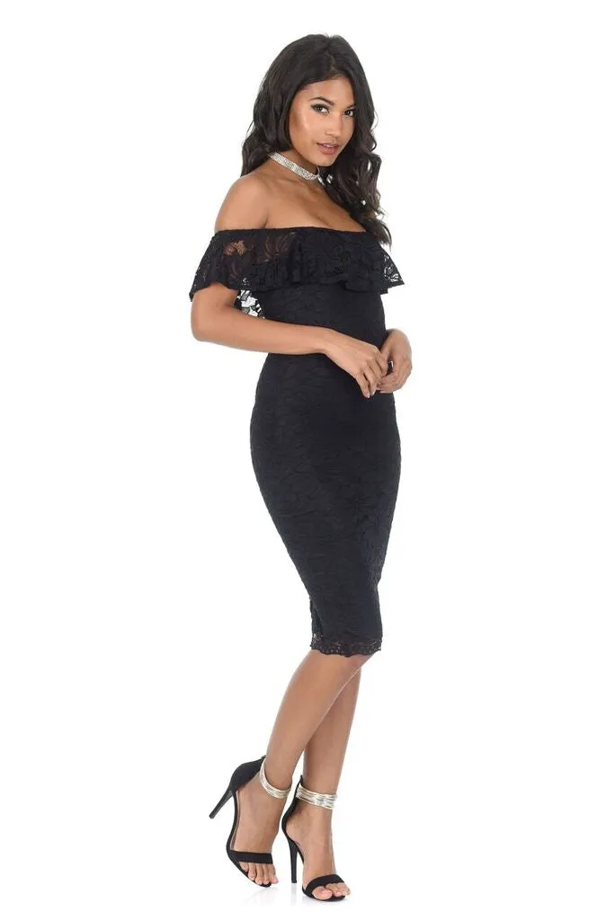 Black Ruffled Off The Shoulder Lace Midi Dress sold by AX Paris product image thumbnail 2