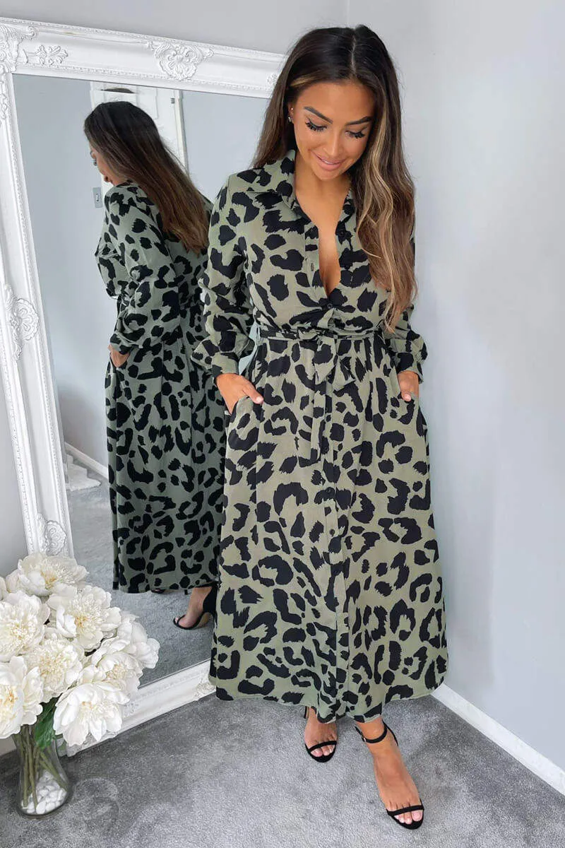 Khaki Animal Print Button Up Midi Dress sold by AX Paris product image thumbnail 4