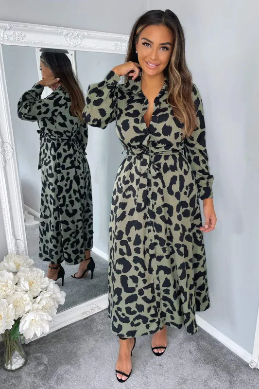 Khaki Animal Print Button Up Midi Dress sold by AX Paris